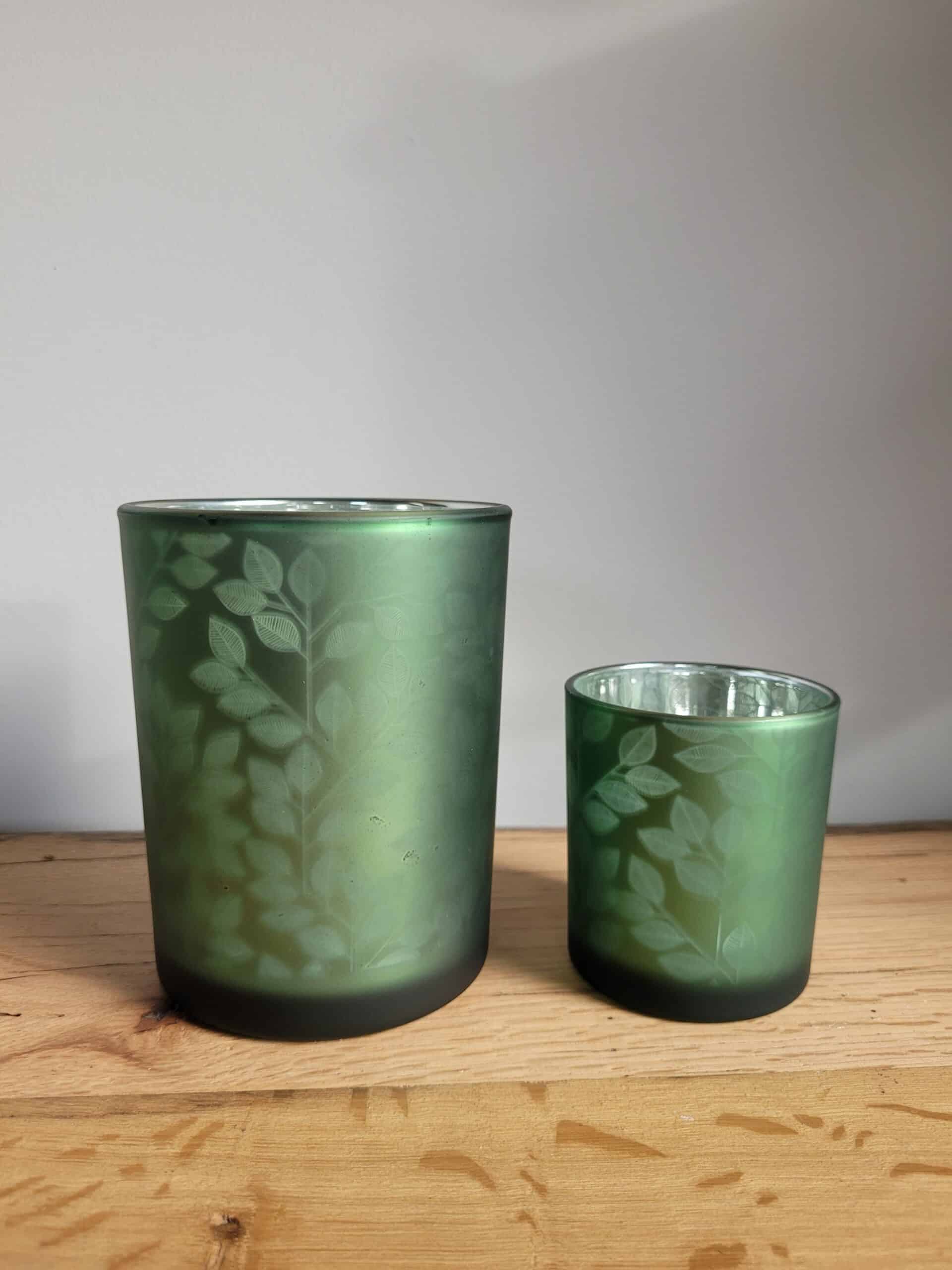 Spant7 - Set Waxinehouders - Glas - Groen - Bladmotief - 8 en 12,5 cm hoog - Afbeelding 4