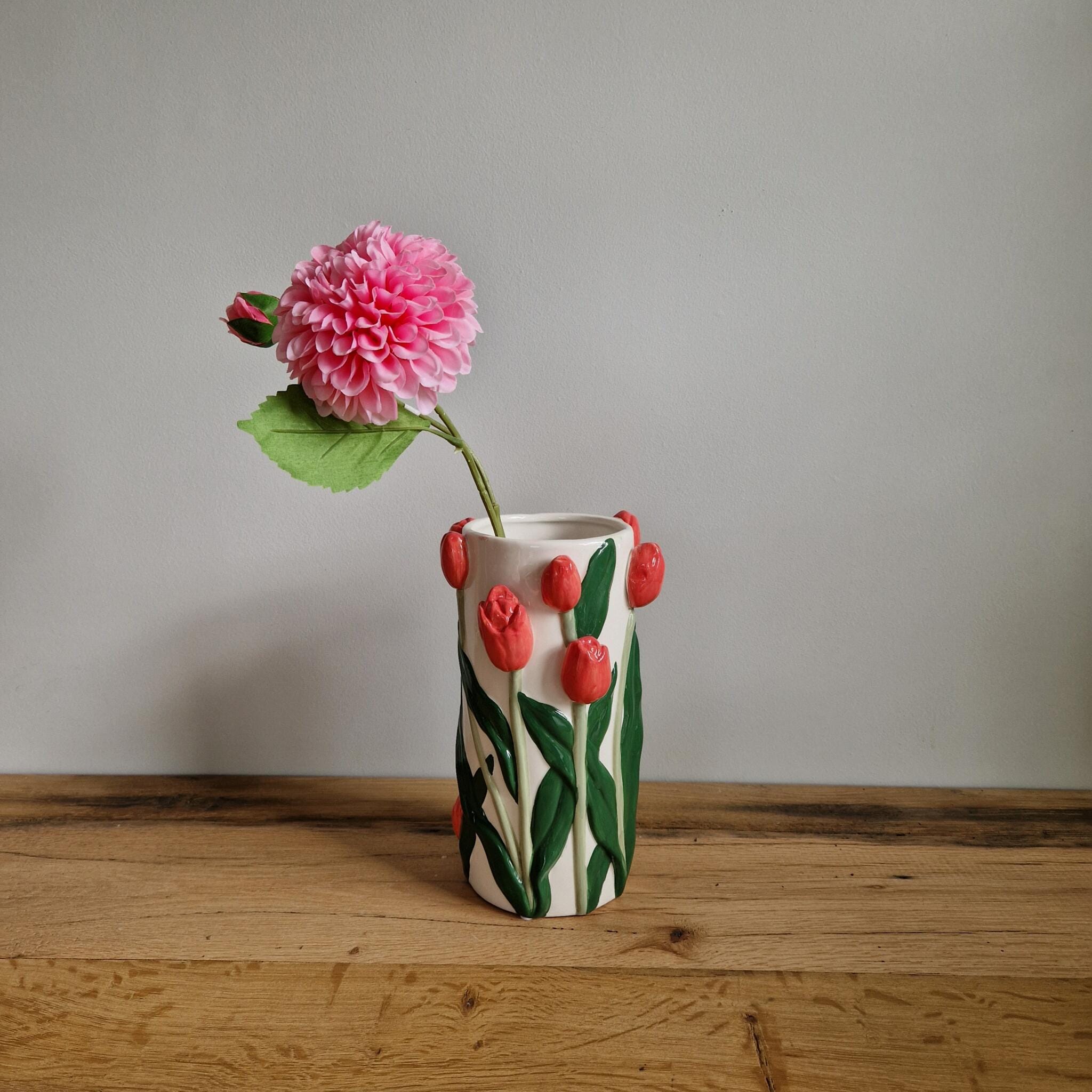 Daan Kromhout - Vaas - Bloemenvaas - Tulpen - Dutch - 14x23 - Cilinder - Keramiek - Donker Roze - Afbeelding 2