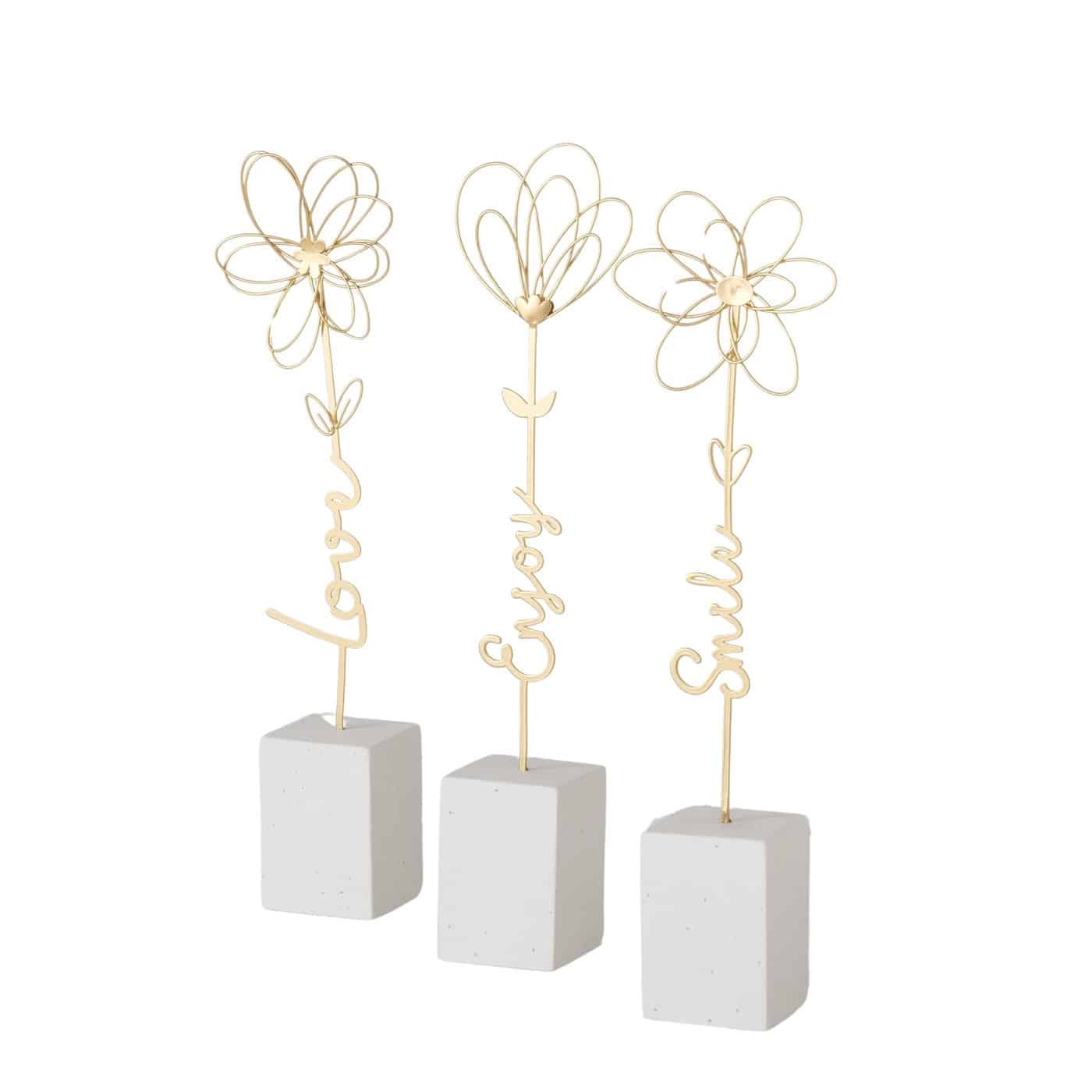 Boltze - Decoratie - Beeld - Figuur - Set van 3 - Bloemen - Metaal en Steen - Love, Smile, Enjoy.