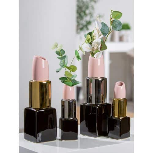Gilde Handwerk - Vaas - Lipstick - Lippenstift Vaas - Zwart - Roze - Zilver - Keramiek - 20x6 cm - Afbeelding 2