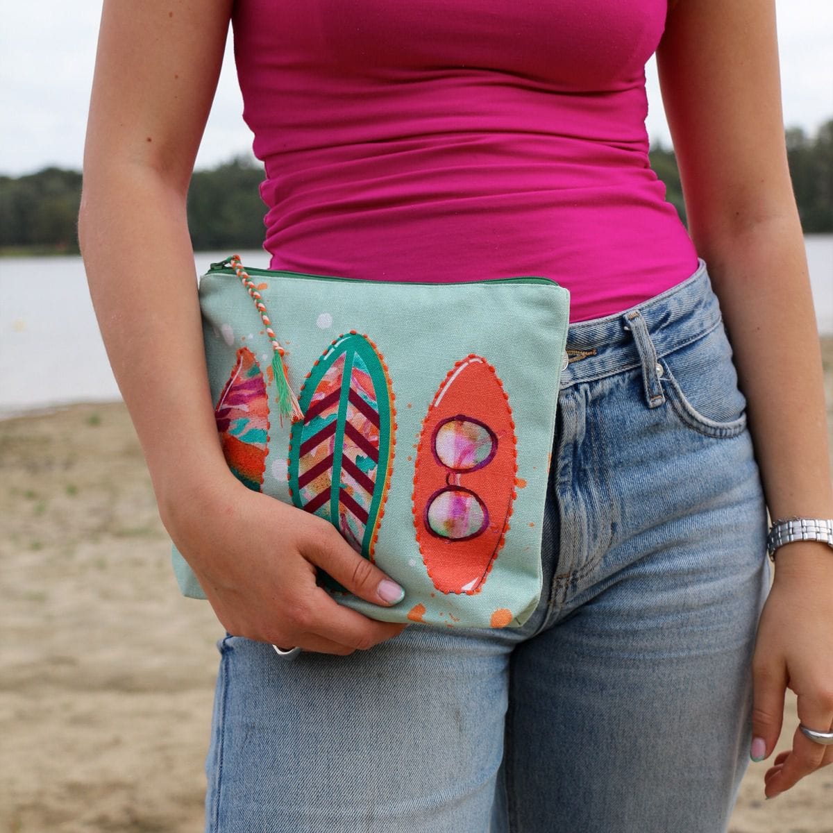 Imbarro - Pouch - Toilettas - Clutch - Makeup Tasje - Surfing - Katoen - 20x24cm - Afbeelding 3