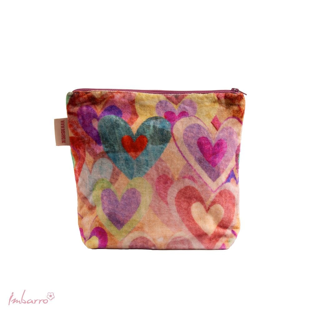 Imbarro - Pouch - Toilettas - Clutch - Tasje - Velours - Hartjes - 20 x 24 cm