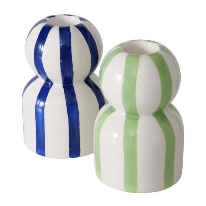 Boltze - Kaarsenhouder - Kandelaar - Set van 2 - Keramiek - Stripe - Wit/ Blauw en Wit/Groen - 6.2x10cm