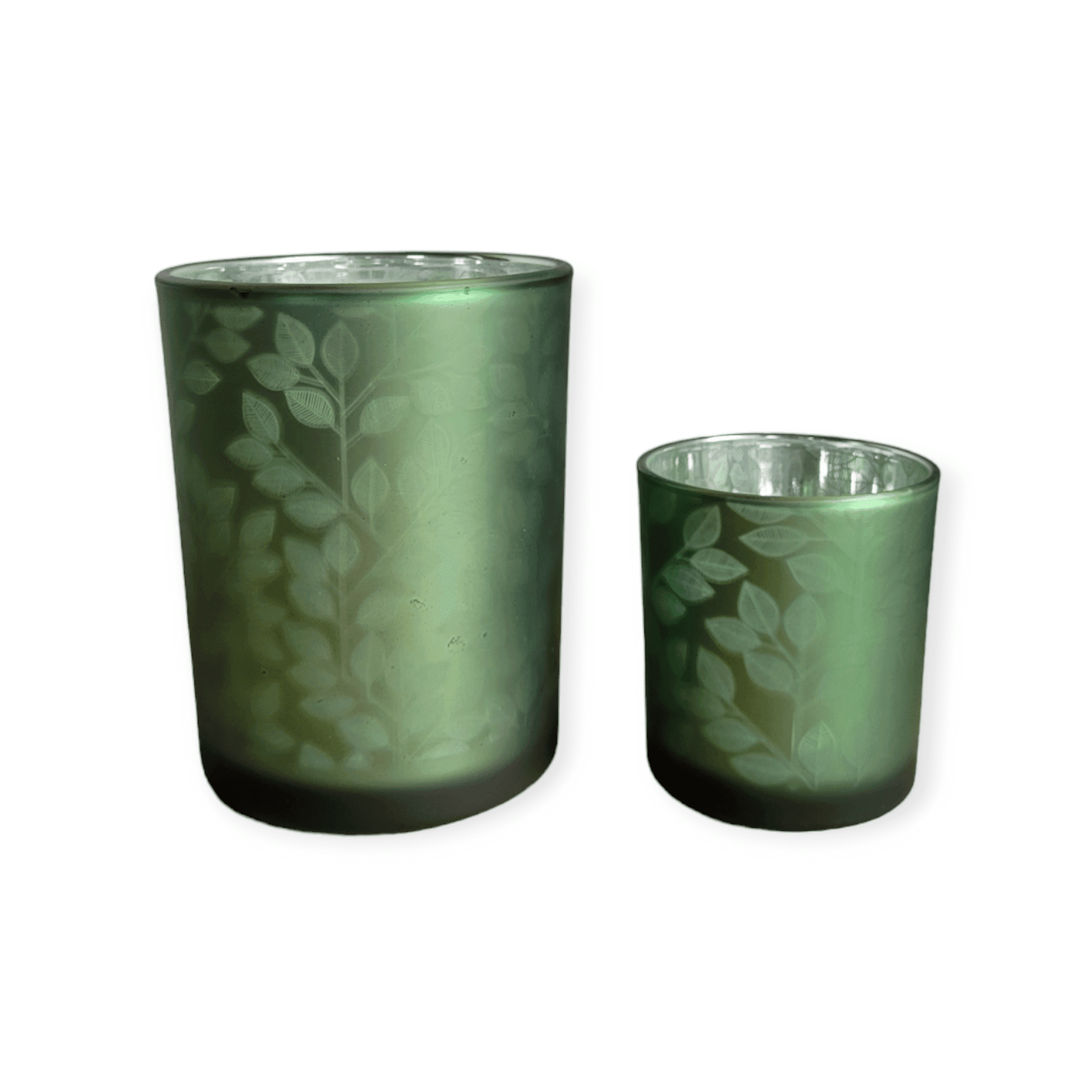 Spant7 - Set Waxinehouders - Glas - Groen - Bladmotief - 8 en 12,5 cm hoog