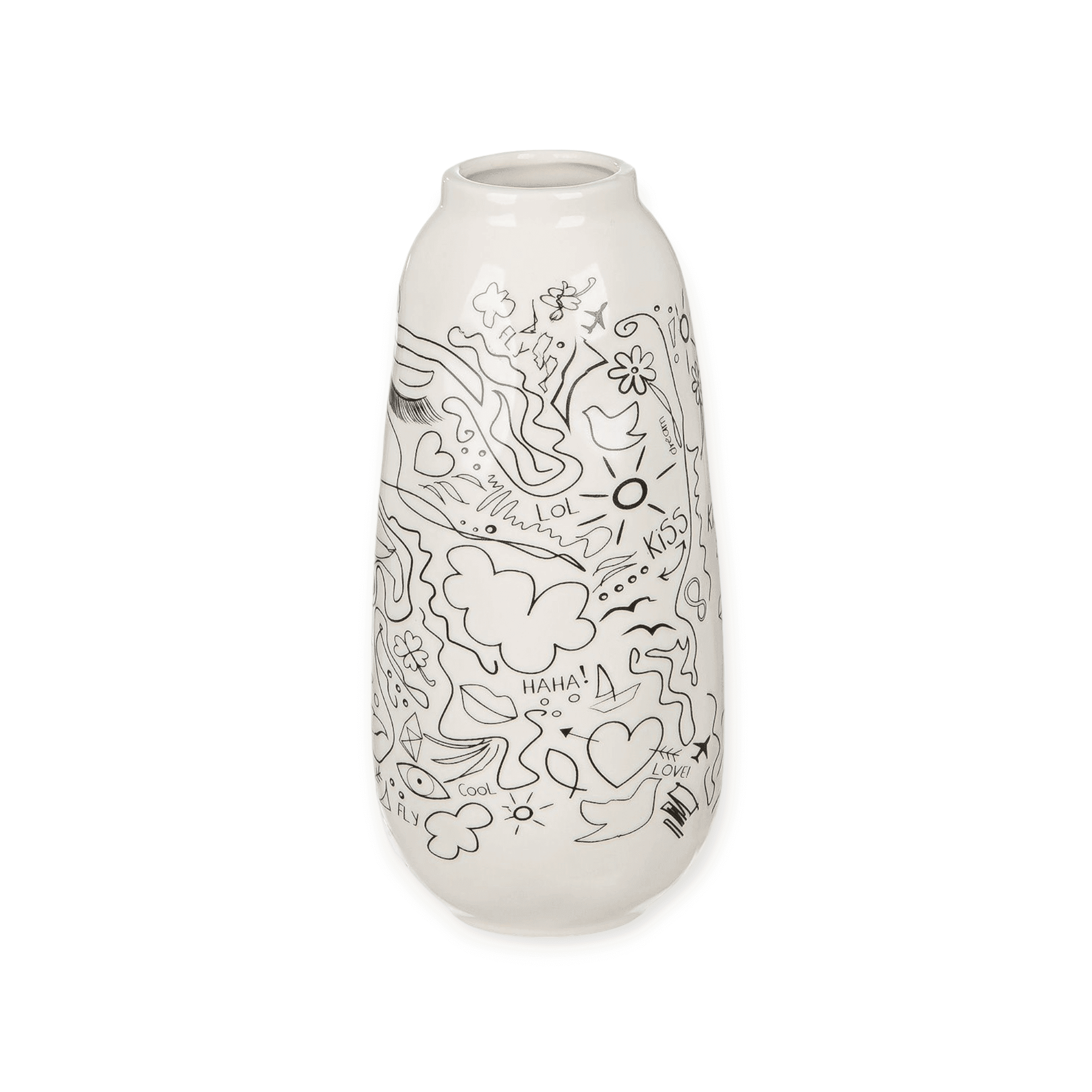 Gilde Handwerk - Vaas - Keramiek - Single Line Design - 9x20cm - Wit - Zwart