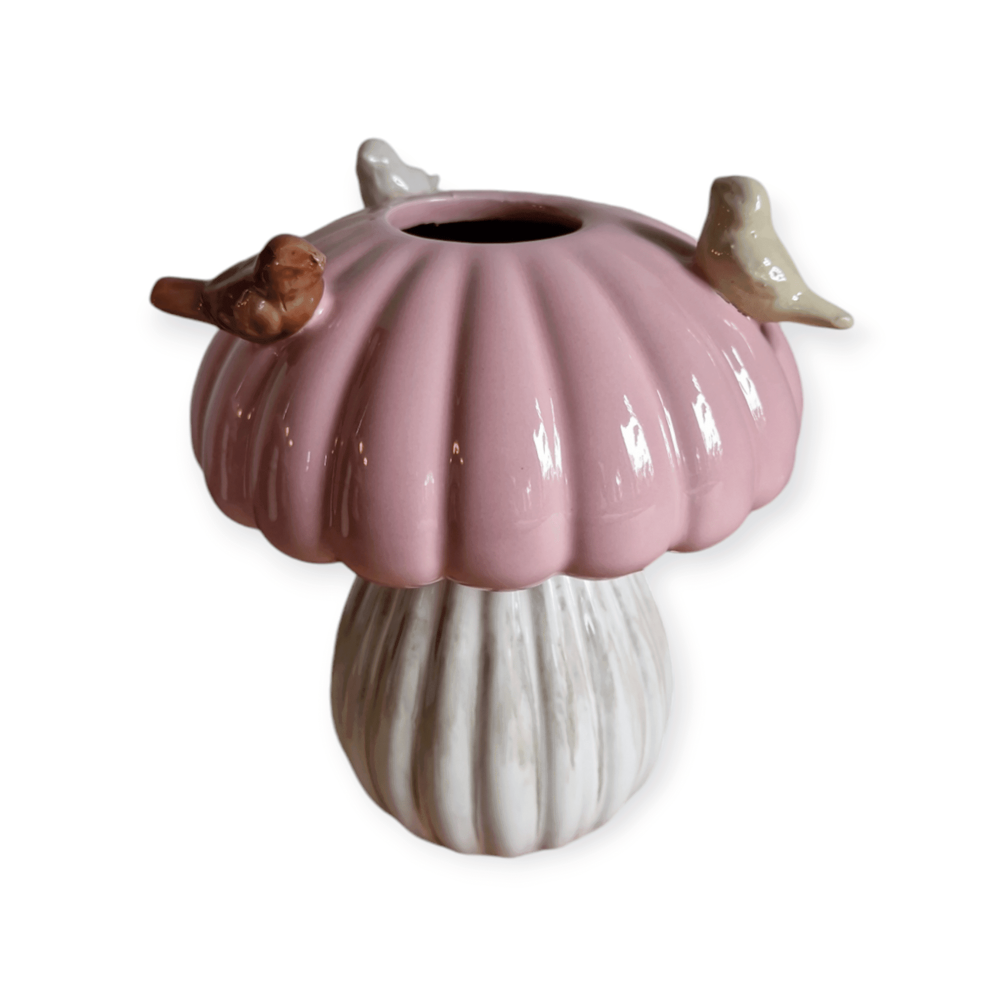 Daan Kromhout - Vaas - Paddenstoel - Met Vogeltjes - Creme - Roze -16x25cm