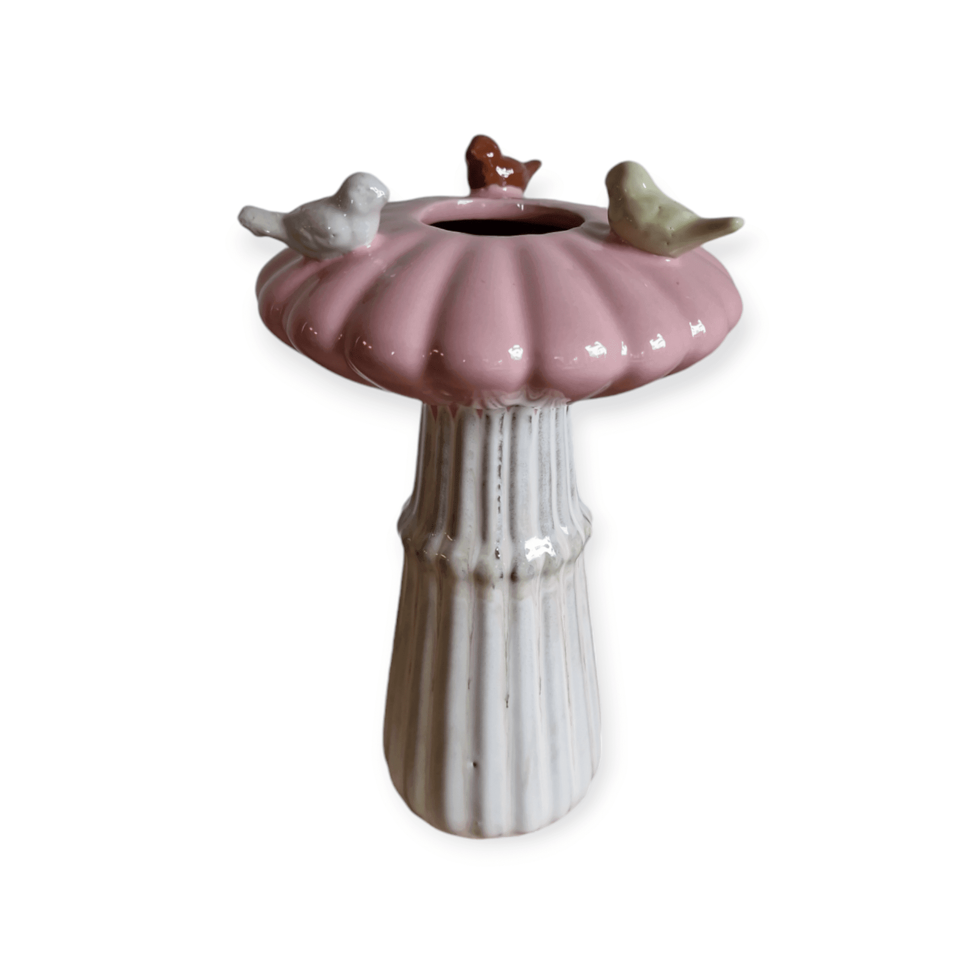 Daan Kromhout - Vaas - Paddenstoel - Met Vogeltjes - Creme - Roze -16x25cm
