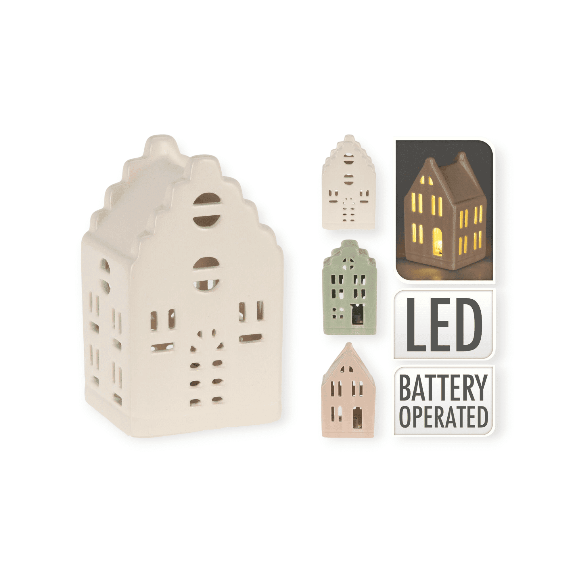 Spant7 - Led Huisjes - Set van 3 - Keramiek - 6x5.5x10cm - Wit, zacht groen, beige