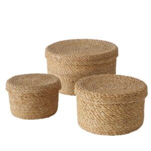 Boltze - Set van 3 - Zeegrasmanden - Sophy - Met deksel - 10x15 - 12x20 - 14x25cm