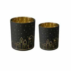 Boltze – Waxinehouder – Set van 2 – Huisjes – Zwart en Goud – 8 en 10 cm hoog – Waxinelichtjes