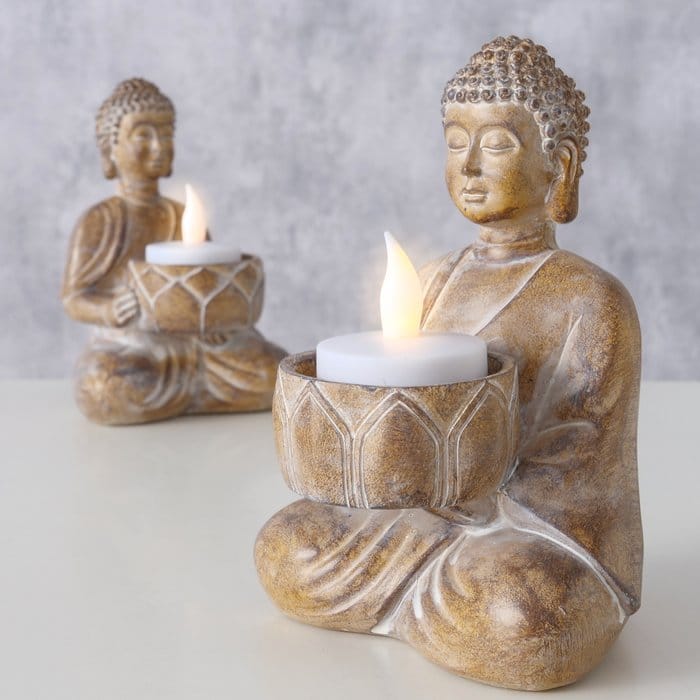 Boltze - Set van 2 - Buddha - Waxinehouders - Polystone - Handbeschilderd - 15 cm Hoog - Afbeelding 2
