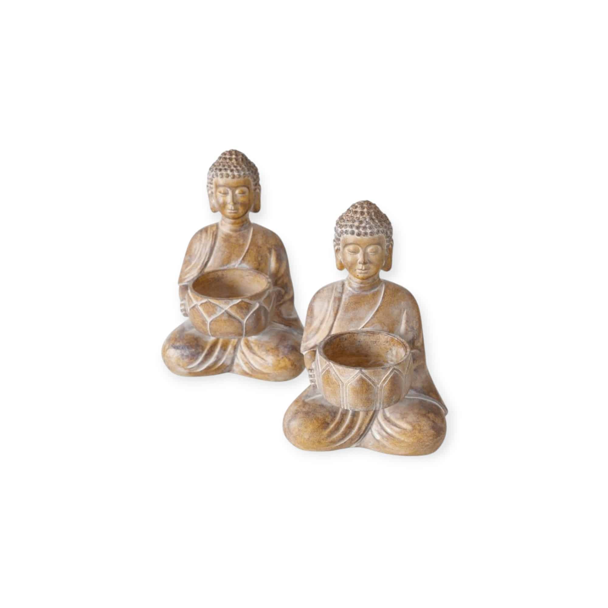 Boltze - Set van 2 - Buddha - Waxinehouders - Polystone - Handbeschilderd - 15 cm Hoog