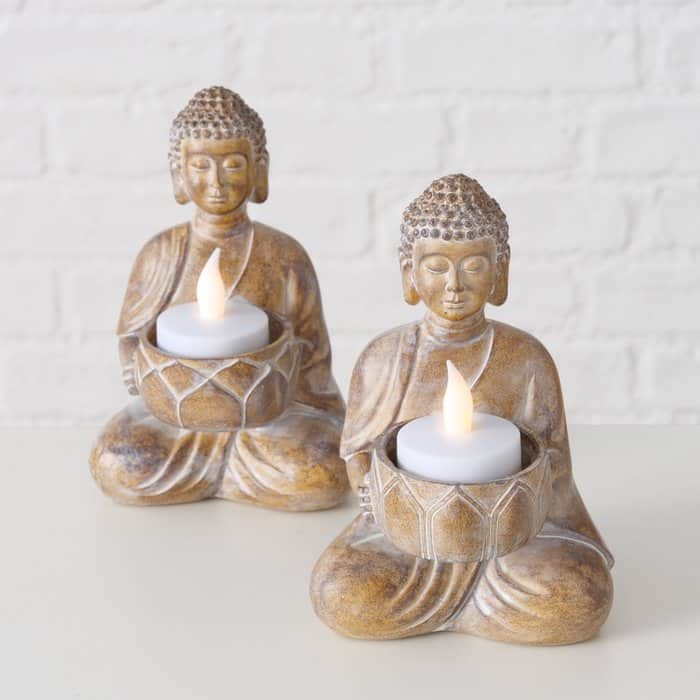 Boltze - Set van 2 - Buddha - Waxinehouders - Polystone - Handbeschilderd - 15 cm Hoog - Afbeelding 4